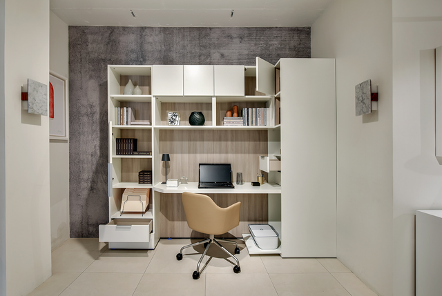 nyc showroom desk with custom cabinetry